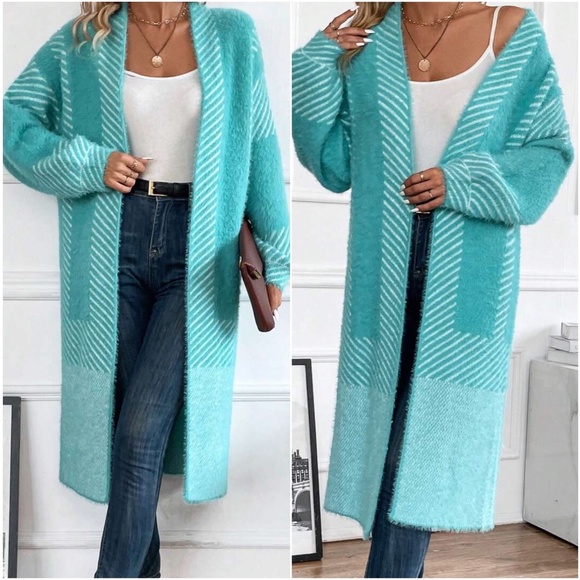 Sweaters - Cozy Turquise Color Block Stripes Fuzzy Open Front Cardigan